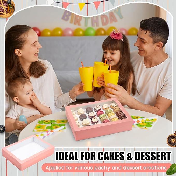 Sinload 10 Pcs 19x14x4 Inch Half Sheet Cake Boxes 5pcs Large Rectangle Bakery Boxes with 5pcs Cake Boards for Pastry Baking, Cupcakes, Donuts, Cookies, Pie Treat Packaging (Pink)