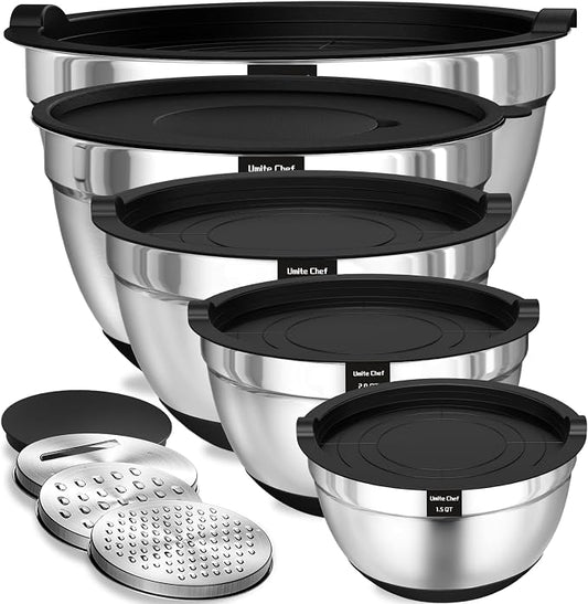 Umite Chef Mixing Bowls with Airtight Lids, 8PCS Stainless Steel Nesting Mixing Bowls Set, 3 Grater Attachments & Non-Slip Bottoms, Black Kitchen Bowls, Size 5, 4, 3.5, 2, 1.5QT for Baking & Serving