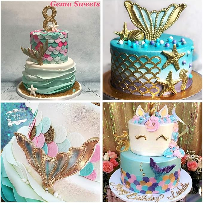 4Pcs/Set Mermaid Tail Silicone Fondant Mold & Scale Fondant Cutter, Fish Scales Pattern Geometric Embossing Biscuit Cookie Cutter DIY Mermaid Birthday Party Cake Decorating Supplies