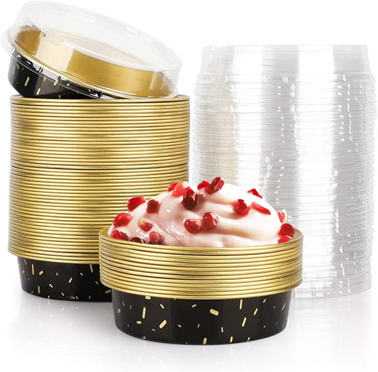 Beasea Mini Aluminum Pie Pans, 4 Inch 50 Pack Mini Pie Tins with Lids, 8 Oz Aluminum Foil Disposable Black Gold Cartoon Tart Pans Round Oven Baking Small Cake Tin for Cheesecake Quiche