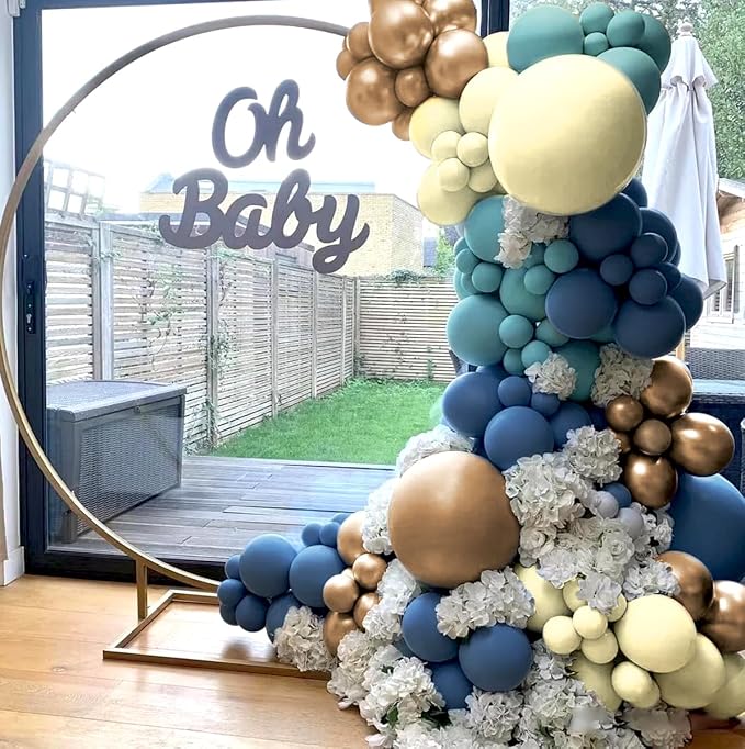 Dusty Blue Yellow Gold Balloon Garland Arch Kit, 160Pcs Boho Retro Blue Pastel Blue Macaroon Yellow Metallic Gold Balloons for Baby Shower Birthday Wedding Party Decoration