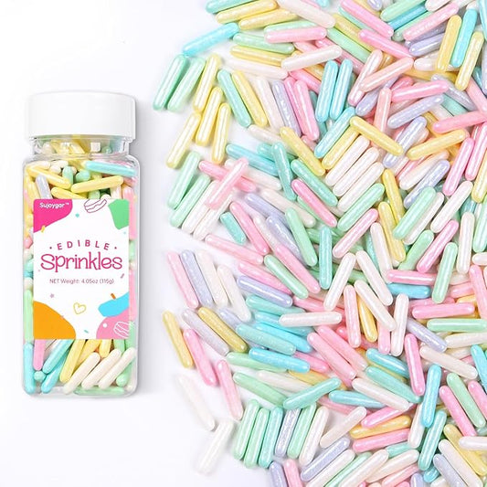 Pastel Sprinkles for Cake Decorating, Sujoygar 4.05oz Edible Colorful Sugar Rods Sprinkles for Baking Cupcake Toppers Cookie Wedding Shower Easter Chirstmas Party Supplies Birthday Celebrations