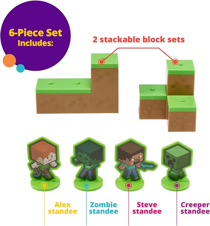 DecoSet® Mobs Beware Minecraft Cake-Topper, 6-Piece Stackable Cake-Decoration, Interlocking 3D Blocks With Characters, Food Safe Birthday Cake Decoration, 2.8 inches (W) x 2.8 inches (H) (Pack of 2)
