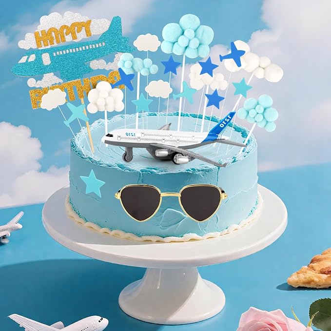 Hooqict 25Pcs Airplane Cake Decorations Set with Mini Plane, Blue White Cloud Happy Birthday Cake Toppers & Cupcake Toppers for Travel Themed Airplane Birthday Party Decorations Supplies