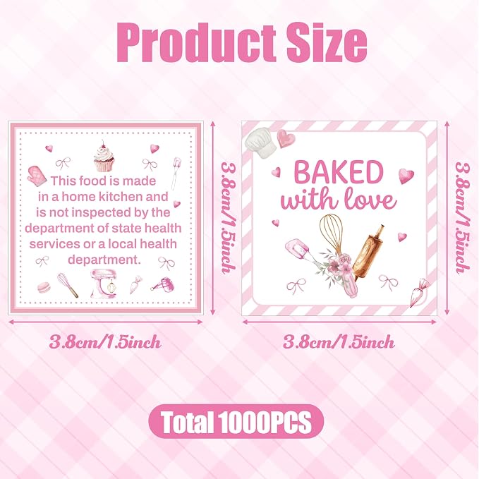 PANTIDE Cottage Food Law Labels Stickers - 1000 Count Baked with Love Adhesive Square Decal, Made in A Home Kitchen Inspection Statement for Bakery Small Business Packaging (1.5 x 1.5 Inch, Pink)