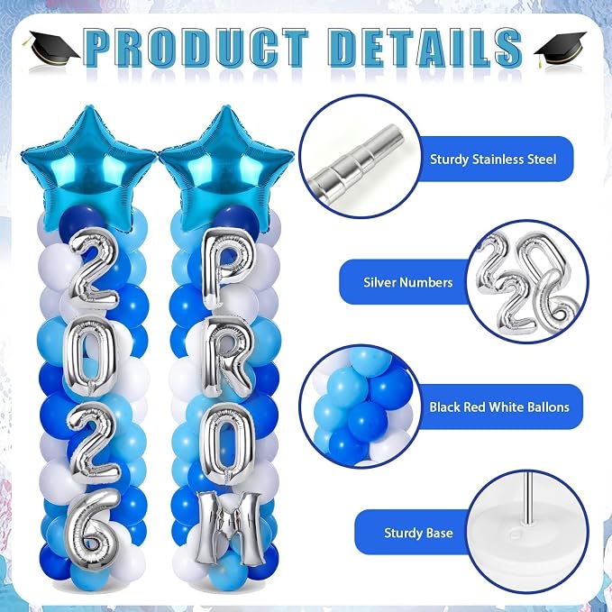 2 Sets Graduation Balloon Column Stand Kit with Balloons Prom Send off 2026 Grad Prom Themed Decor Sky Blue White Blue Balloon Tower Stand for Floor Grad School & College Celebration Party Supplies