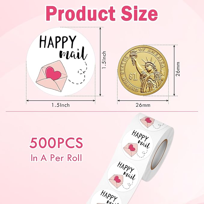 Louise Maelys 1.5 Inch Happy Mail Stickers 500 Pcs Lables for Mail Decorations for Envelopes, Crafts, Scrapbooking Easy Peel & No Residue