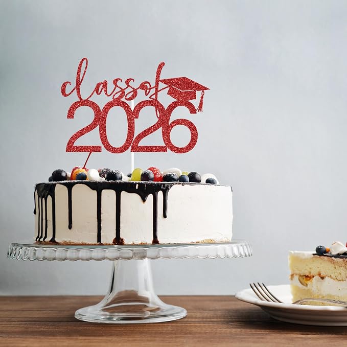 Class of 2026 Cake Topper, Congrats 2026 Cake Décor, Congrats Grad, Happy Graduation, High School/Senior/University Graduation Party Decorations Red Glitter