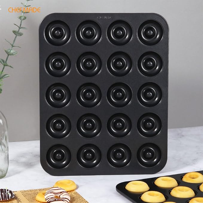 CHEFMADE Donut Pan, Nonstick 20 Cavity Mini Ring Doughnut Pan for Baking Donuts Bagels (Black)