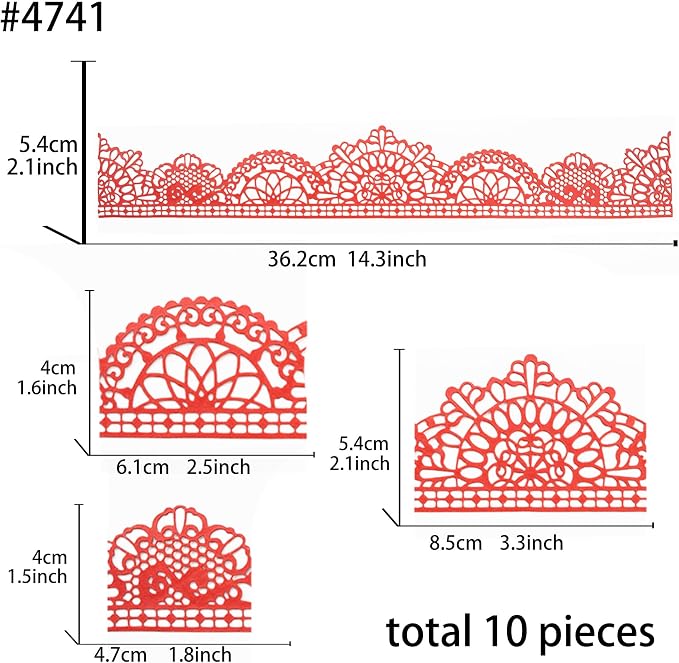 Large Pre-Made Ready to Use Edible Cake Lace Trim Variation Red 14-inch 10-Piece Set