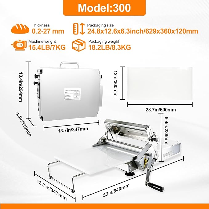 Commercial Dough Sheeter Machine, Stainless Steel Roller for Dough Rolling, Manual Foldable Pastry Press with Adjustable Thickness, for Pizza, Pasta, Baking, Home & Commercial Use(12'')
