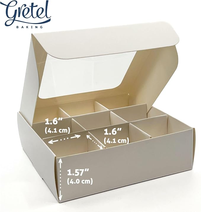 Treat Boxes - 20 ct 5 x 5 x 1.57 in Bakery Boxes with Windows and Dividers for Candy, Cookies, Cupcakes, or Bakery Desserts - Chocolate, Treats, and Baked Goods Packaging for Gifting