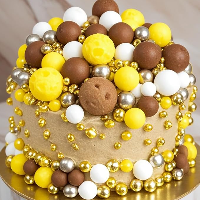 Edible Yellow Brown White and Gold Pearl Sprinkles 142g/ 5.01oz Mixed Color Size Pearl Sprinkles for Cake Decorating Candy Baking Decorations and Cookie Decorating for Wedding Parties Christmas
