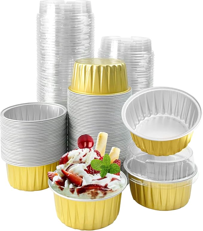 100Pcs Aluminum Cups with Lids,5oz Disposable Ramekin Baking Cups Muffin Liners Mini Pie Pans Foil Cupcake Containers for Christmas Party Wedding Party,Gold