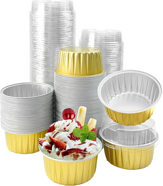 100Pcs Aluminum Cups with Lids,5oz Disposable Ramekin Baking Cups Muffin Liners Mini Pie Pans Foil Cupcake Containers for Christmas Party Wedding Party,Gold