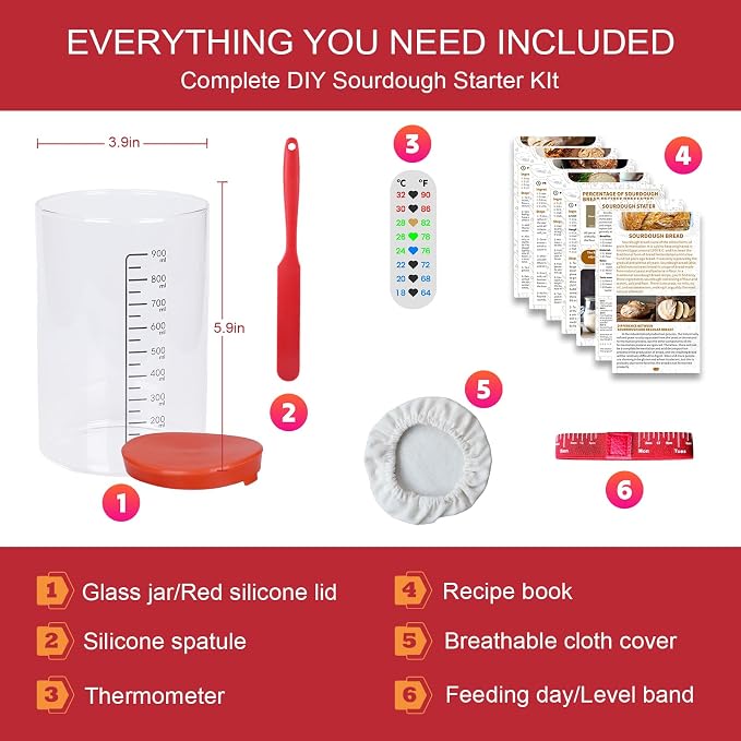 34oz Sourdough Starter Kit, Large Capacity Glass Sourdough Starter Jar, Reusable Starter Set of Sourdough Bread Baking Supplies with 6 Essential Yeast Starter Tools