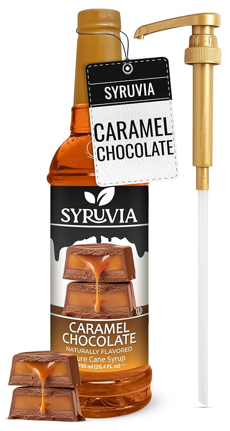 Syruvia Coffee Syrup, Caramel Chocolate Flavored Syrup for Drinks, Lattes, and Desserts, Natural Flavors – 25.4 fl oz - with Pump