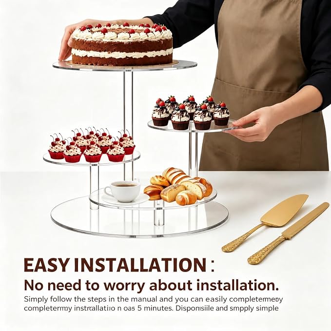 Cupcake Stand, 4 Tier Acrylic Cake Stand, Round Cake & Cupcake Combo for 8-12 Inch Cakes, Clear Tiered Cupcake Tower for 50 Cupcakes, Display Stand for Dessert Table Wedding Birthday Party