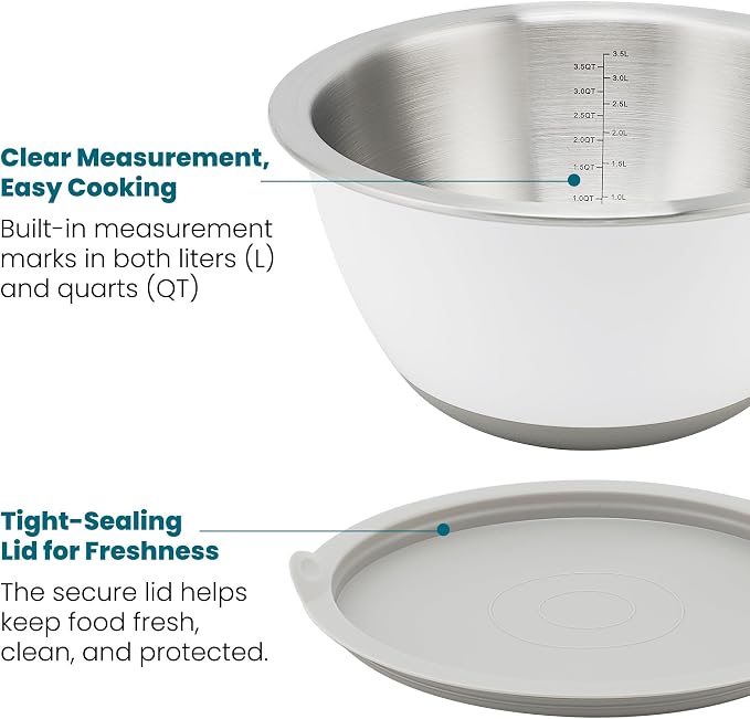 Rorence Mixing Bowls Set with Lids, 18/8 Stainless Steel Mixing Bowls with Non-Slip Silicone Base & Measurement Marks, Airtight Food Storage for Baking, Cooking & Meal Prep,1.5QT/3QT/5QT/White