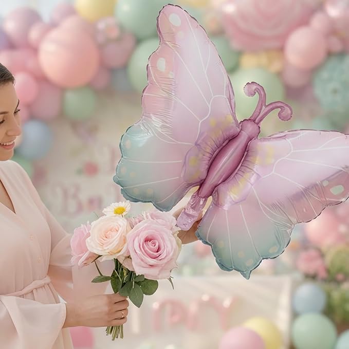 Pastel Spring Floral Mother's Day Party Decorations Kit - Macaron Balloon Arch with Butterfly, Pink Rose Flower Foil Balloons for Mother's Day Decor, Women's Birthday, Tea Party Supplies