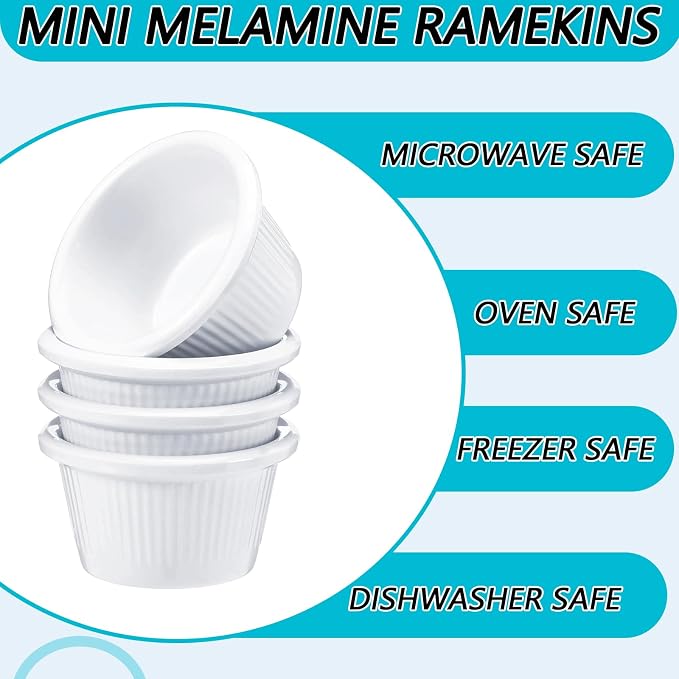 24 Pcs Ramekins 2 oz Ceramic Ice Cream Cups Oven Safe Ramekin Sauce Creme Brulee Fluted Tiny White Melamine Dipping Bowl Custard Condiment Charcuterie Bowls Round Tart Pan for Kitchen