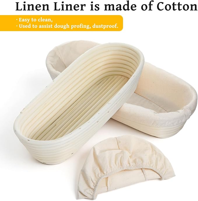2 Pack 13 Inch Oval Bread Proofing Basket,Banneton Basket Bread Baking Bowl with Linen Liner Cloth, Perfect for Professional & Home Sourdough Breads Baking, Artisan Sourdough Breads