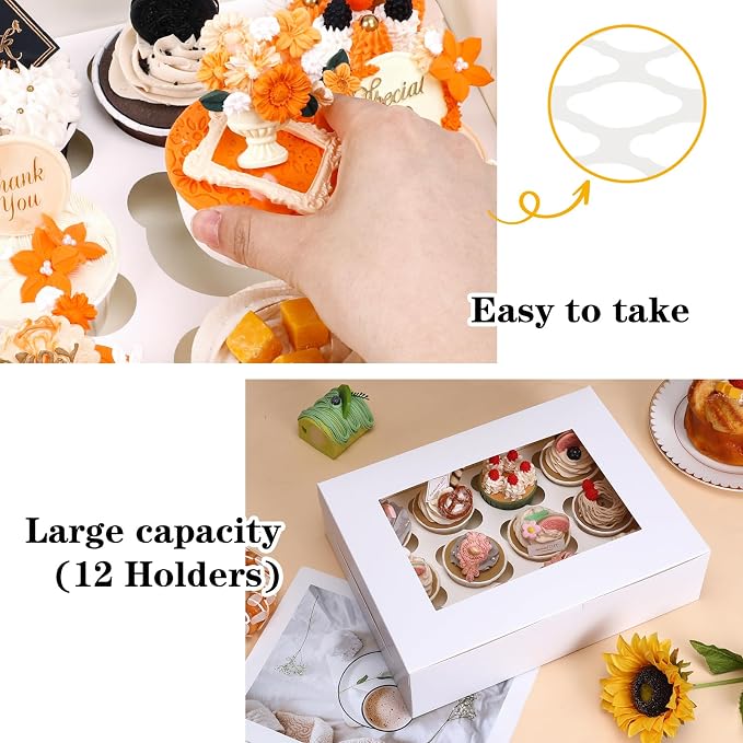 Moretoes 15pcs Cupcake Boxes, 13x10x3.5 Inches, 12 Count Bakery Boxes with Window and Inserts to Fit Muffins, for Birthday Holiday Party Bakery Supplies