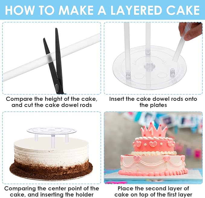 Thinp 15 Pcs Cake Dowels Rods with 3 Cake Boards Set, 4 6 8 Inch Plastic Tiered Cakes Supports, Reusable Hollow Stacking Dowels for Wedding Birthday Party Cakes Construction Supplies