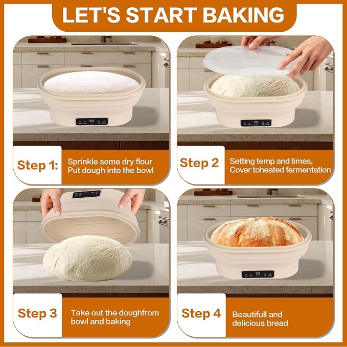 Electric Heating Bread Proofing Basket, 2L Large Capacity Electric Thermostatic Silicone Batter Bowl, Auto Warming On/Off, Collapsible Design, Perfect for Sourdough Starter & Artisan Baking