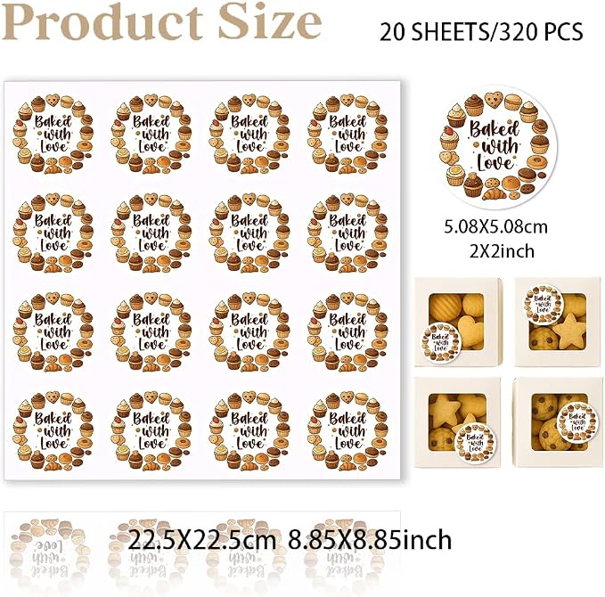 320 Pcs Baked with Love Stickers, 2 Inch Homemade Bakery Stickers Made with Love Sticker Self-Adhesive Packaging Labels for Packaging Bags Containers Businesses Gifts