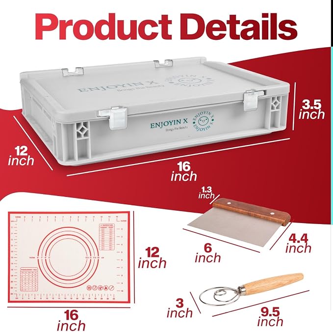 Pizza Dough Proofing Box with Lid - Includes Dough Whisk, Scraper & Mat - Perfect for Bread, Sourdough & Pizza Dough Proofing – Reusable, Stackable, Dough Tray Container