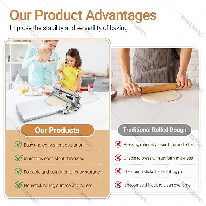 Croissant Dough Roller, Small Dough Cutter, Folding Dough Roller, Adjustable Thickness Dough Kneader, Stainless Steel, Folding Dough Roller for Bakeries and Pastry Shops 60×30cm