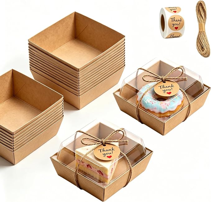 100 Pack Charcuterie Boxes with Clear Lids 4x4 Inch, Disposable Kraft Square Dessert Boxes, Bakery Snack Containers for Cookie, Cake Slice, Donut, Sandwich, Sushi, Party, Wedding, Valentine