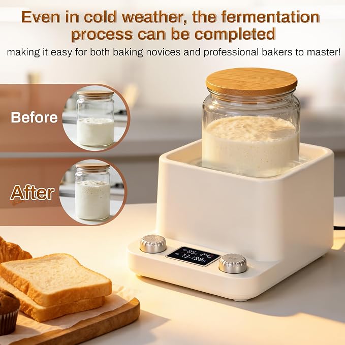 Sourdough Starter Warmer-Constant Temperature Water Bath Sourdough Warmer-1°F Precise Thermostat (70-104°F)-198H Memory Timer Smart Yeast Feeding Heater-Fits Jars Up to 40oz