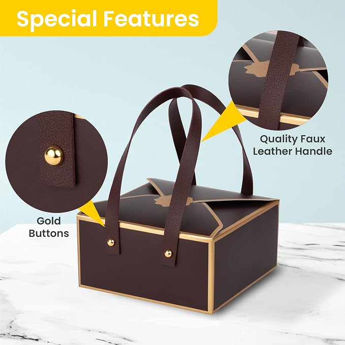 Hammont Cookie Boxes for Gift Giving - 4 Pack of Bakery Boxes, Easy to Assemble Decorative Cardboard Luxury Box with Faux Leather Handle Jewelry, Chocolate and Candy 5x7x3 Inches (Maroon) (HM1780)