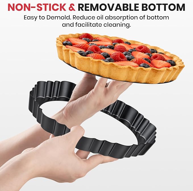 Upgraded 9 Inch Tart Pan with Removable Bottom, Non-Stick Deep Fluted Carbon Steel Quiche Pan, Includes Crust Shaper Ring - Quiche Baking Dish Tart Mold for Baking, Party & Festival