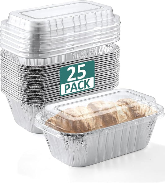 NEEBAKE 25 Pack 6x3.5x2 Disposable Aluminum Loaf Pans with Lids - 1 Lb Mini Loaf Pans, Small Aluminum Tin Foil Baking Pan, Food Containers for Baking, Cakes, Bread, Meat, Loaves