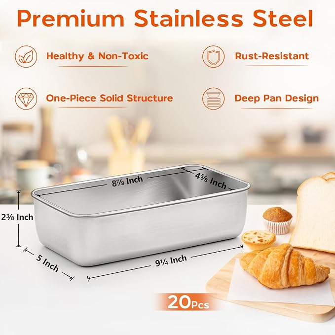 Onader Loaf Pans for Baking Bread 9x5 Inch, 20 Pack Stainless Steel Loaf Bread Pans Set for Meatloaf Homemade Cake Brownies, Non Toxic, Dishwasher Safe