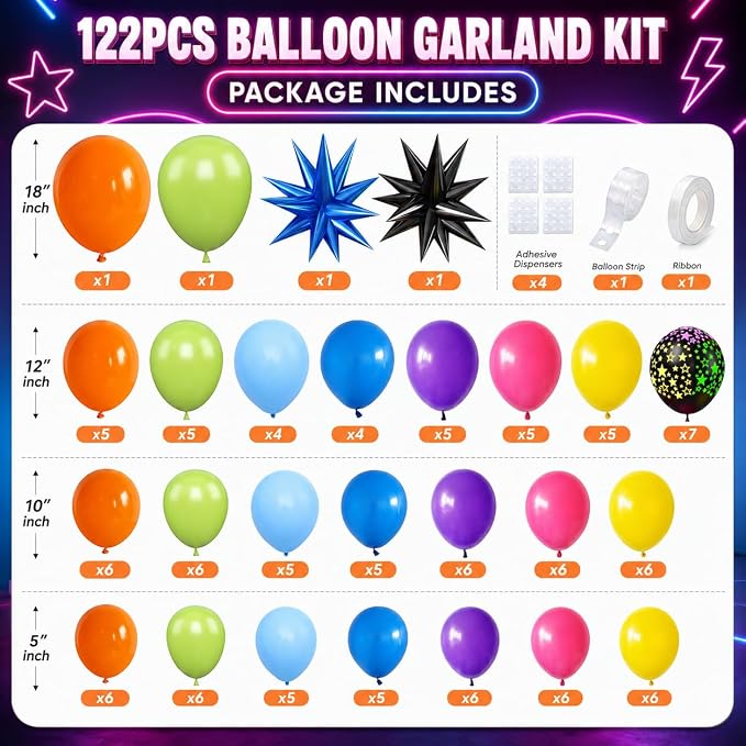Neon Balloon Arch Kit, 122Pcs Bright Orange Green Blue Hot Pink Yellow Purple Black Rainbow Balloons with Foil Star Balloons for 80s 90s Neon Party Rainbow Birthday Decorations Disco Party Backdrop