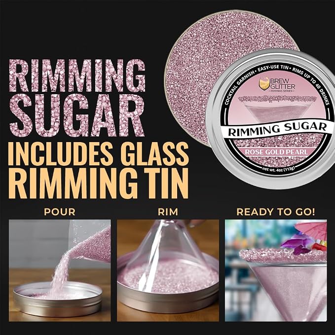Brew Glitter - Rose Gold Rimming Sugar (4oz, 1x Bar Tin) Cocktail Garnish for Mixed Drinks & Refreshments