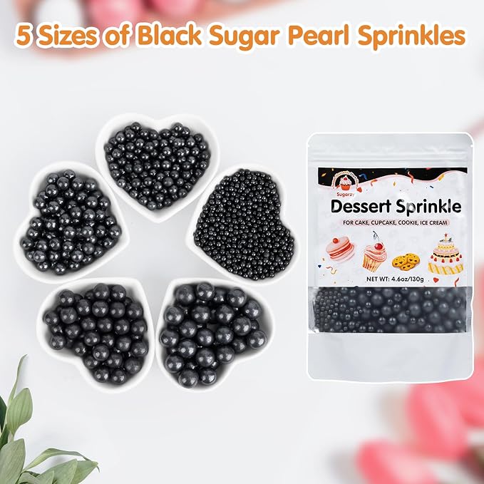 Edible Black Pearl Sprinkles,Holiday Pearls Sugar Sprinkle,130g Mix Size Baking Cake Decorations Candy,Cupcake Toppers,Cookie Decorating Donuts Ice Cream Toppings,Birthday Party Supplies