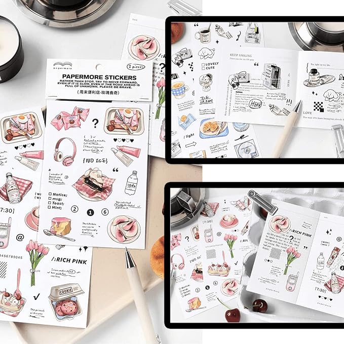 Maxleaf 12Sheets Vintage Adhesive Stickers for Scrapbook Decoration, Retro Foods Bread Fruits Bagel Convenience Store Stickers for Daily Life Diary Album Decoration
