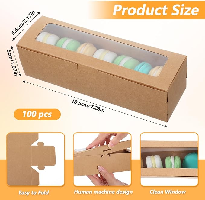 100 Pcs Macaron Boxes with Window Bakery Boxes Long Rectangle Treat Containers for Cookies, Donuts, Pastry, Cookies, Chocolate Covered Strawberry, Brown