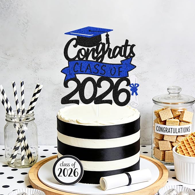 Congrats Class of 2026 Cake Topper Congrats Grad Cap Diploma Theme for High School Happy Graduation Party Supplies College Graduate Decoration (Black and Blue)