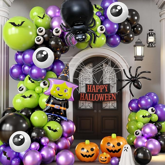 Halloween Balloons Arch Kit, Green Purple Balloon Garland with Foil Balloon Witch Spider Eye Metallic Purple Black Latex Balloons for Horror Halloween Birthday Party Decorations
