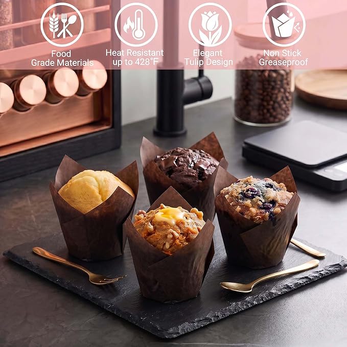 200 Pcs Brown Tulip Cupcake Liners for Baking, Standard Size | Standard Greaseproof Tulip Muffin Liners for Baking, 3oz Brown Paper Cupcake Wrappers for Party Wedding Birthday