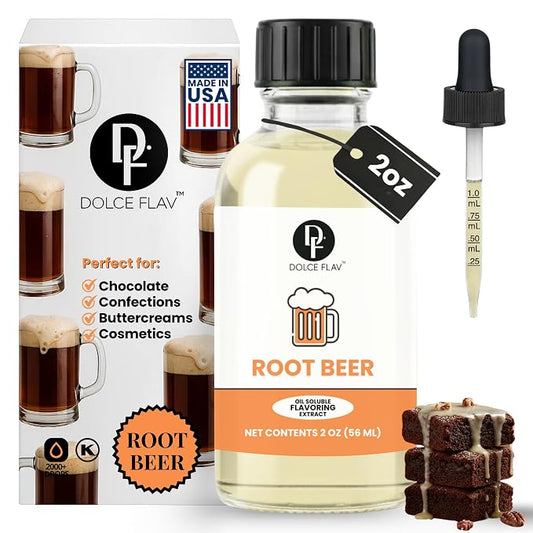 Dolce Flav Root Beer Extract – 2 Ounce Oil-Soluble Kosher, Sugar-Free, Concentrated Classic Root Beer Flavoring for Baking, Chocolates & Desserts, Includes Measured Dropper