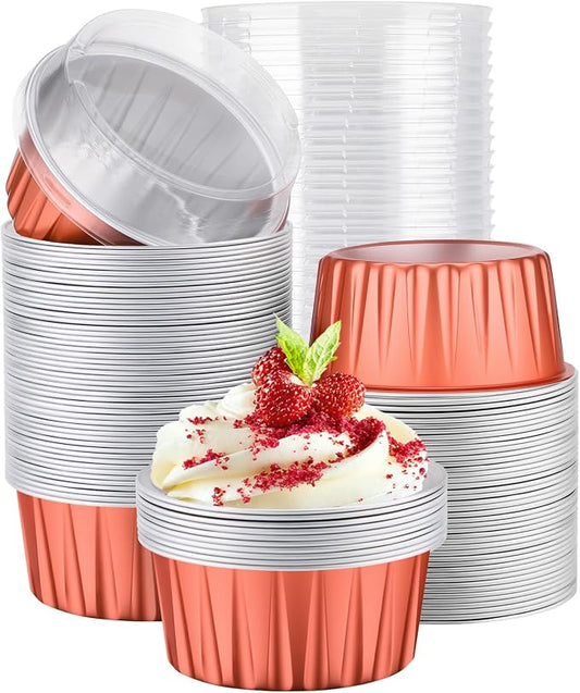 EUSOAR Cupcake Liners, 100pcs 5oz Creme Brulee Ramekins Disposable Muffin Liners with Lids, Aluminum Foil Cupcake Wrappers Baking Cups Holder Mini Cheesecake Pans for Catering Club Wedding Party