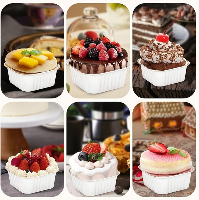 200Pack 5oz White Mini Cake Pans with Lids Baking Cups Aluminum Foil Pans Tins, Individual Dessert Cups Containers for Sales,Party,Picnics