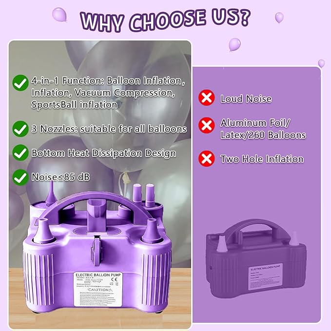 4-in-1 Electric Balloon Pump for All Balloons, Inflatables, and Sports Balls, Portable High Power Triple Inflating Ports for Latex Foil 260q Mylar Balloon